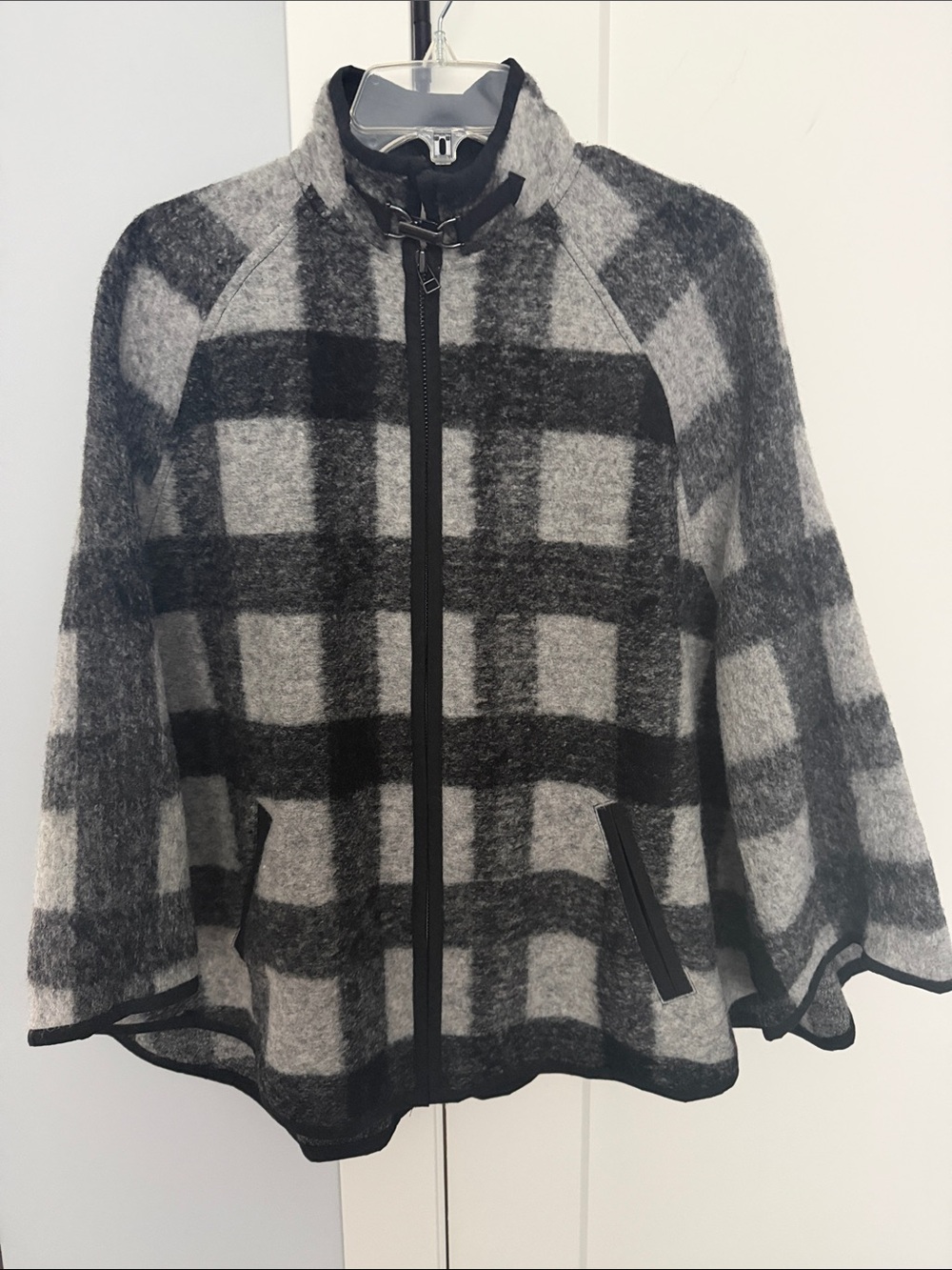 Black & Gray Plaid Zip Poncho Sweater/Cape